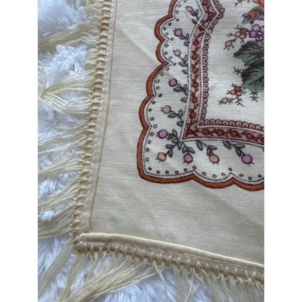 1970s Vintage Floral Hand-Knotted Fringe Shawl Scarf Boho Folk Cotton Wrap